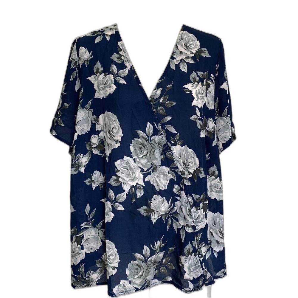 Pleione Women's Size 1X Blue White Roses Chiffon Blouse Top